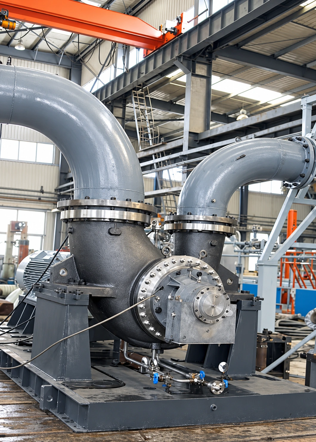 Pump casing with two curved pipe connections in the workshop.