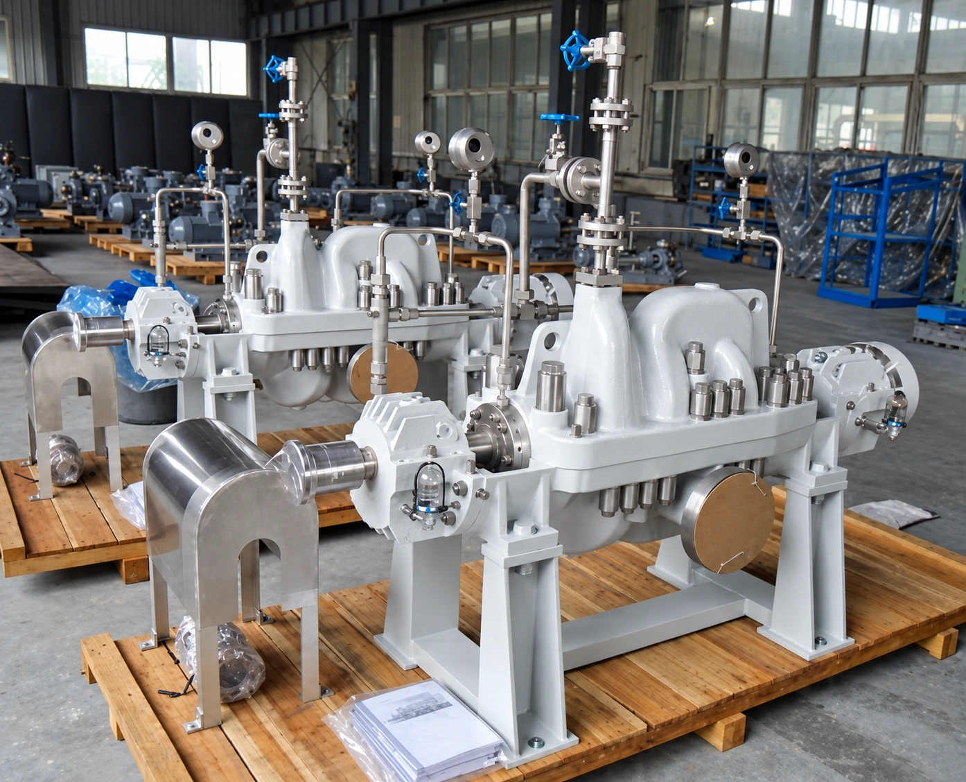 Grey split-casing pump assemblies on wooden pallets.
