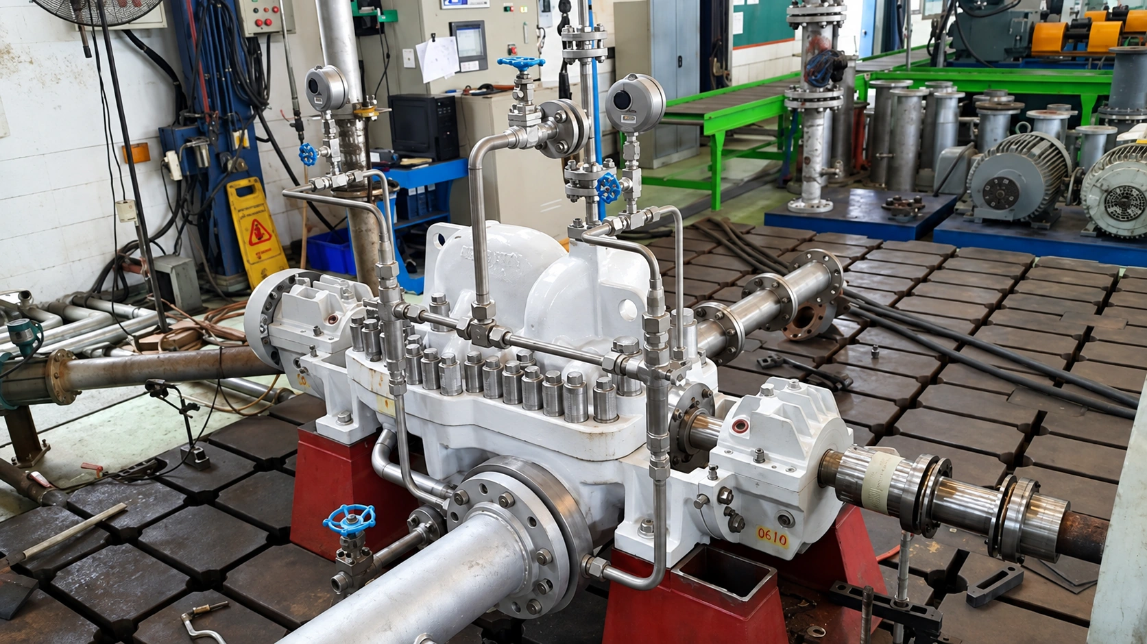 White split-casing pump with connected workshop pipework.