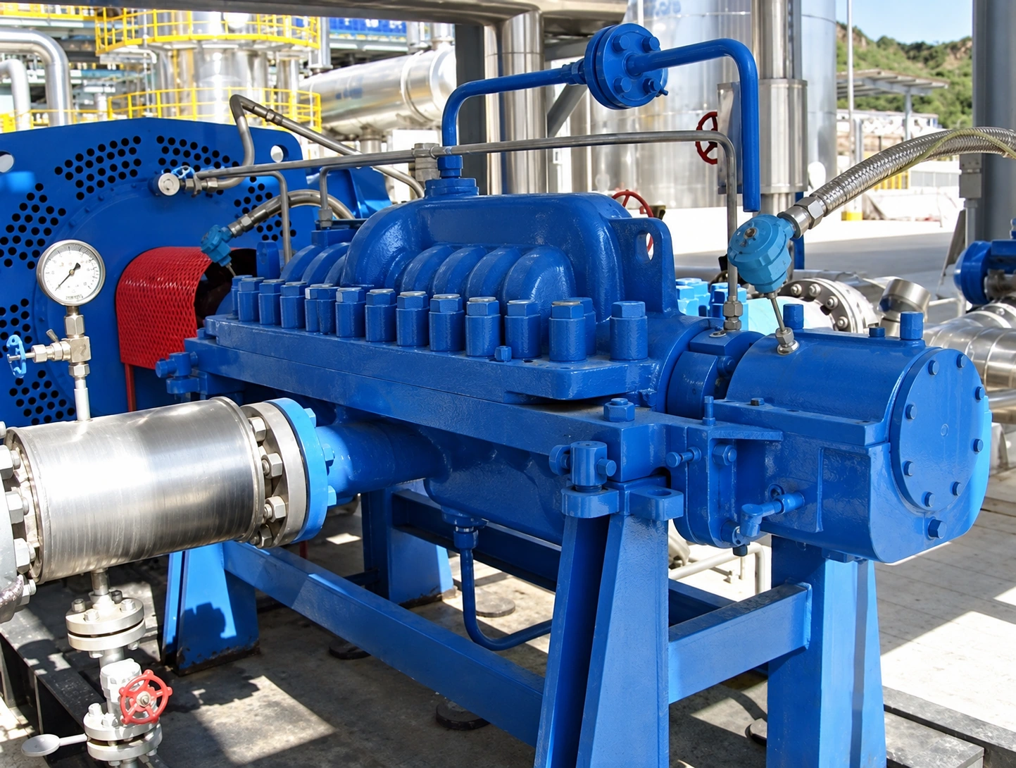 Blue horizontal split-casing pump connected to pipework.