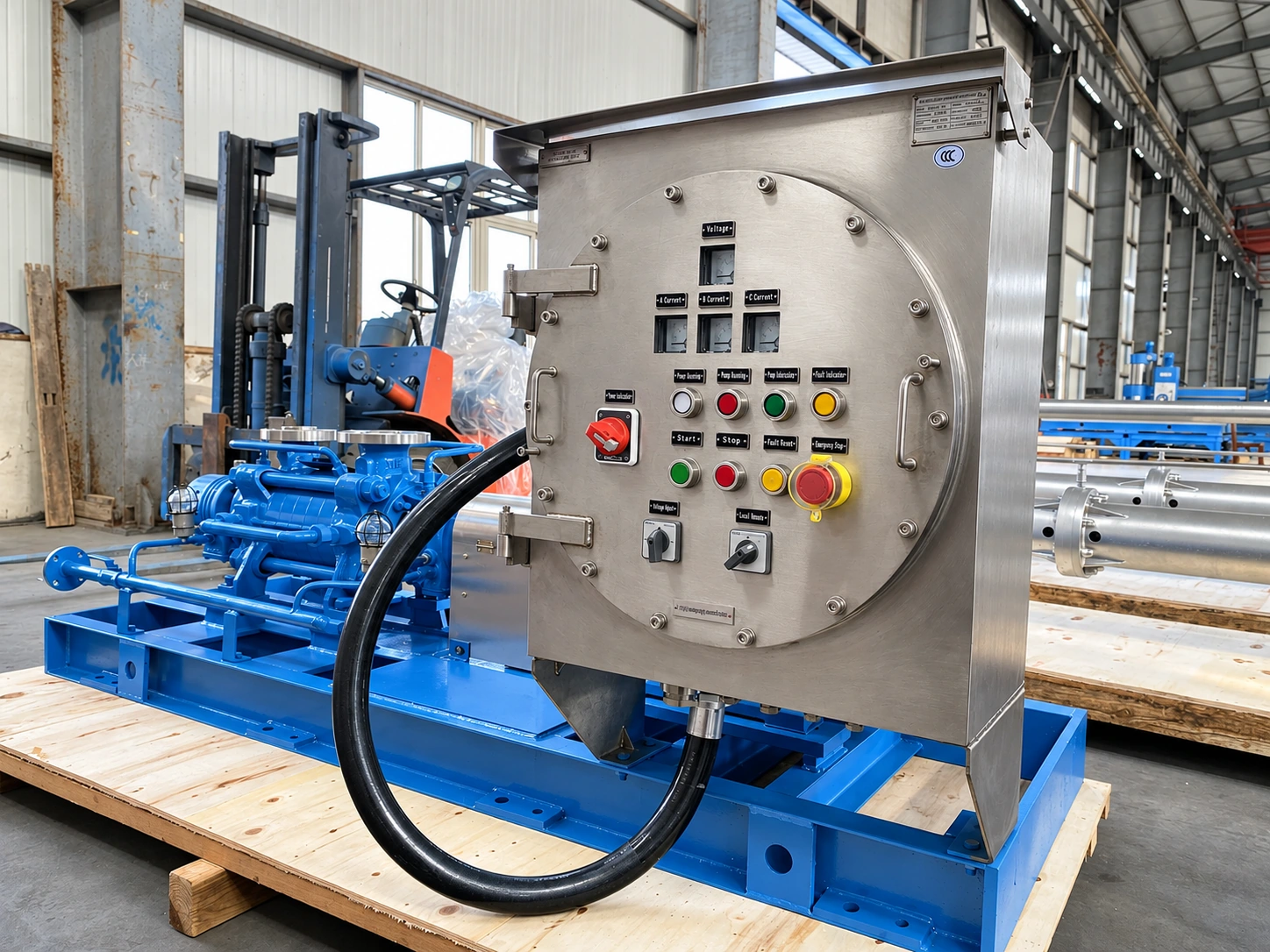 Blue pump package with a control panel and connecting cable.