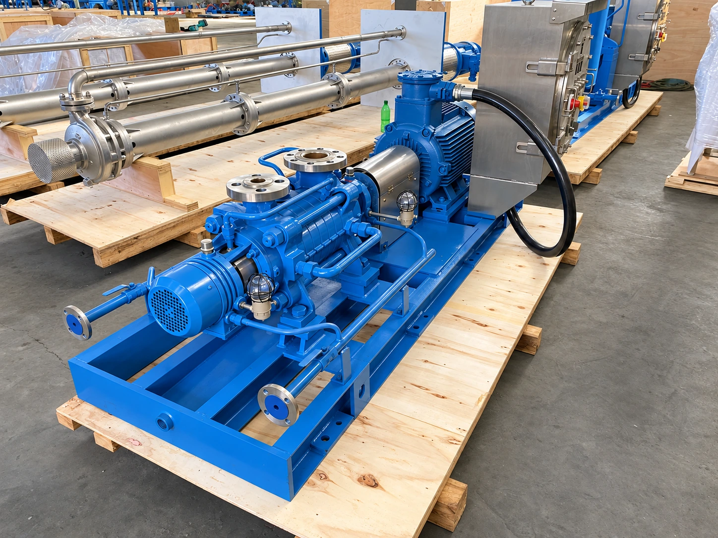 Angled view of a blue multistage pump on a transport pallet.