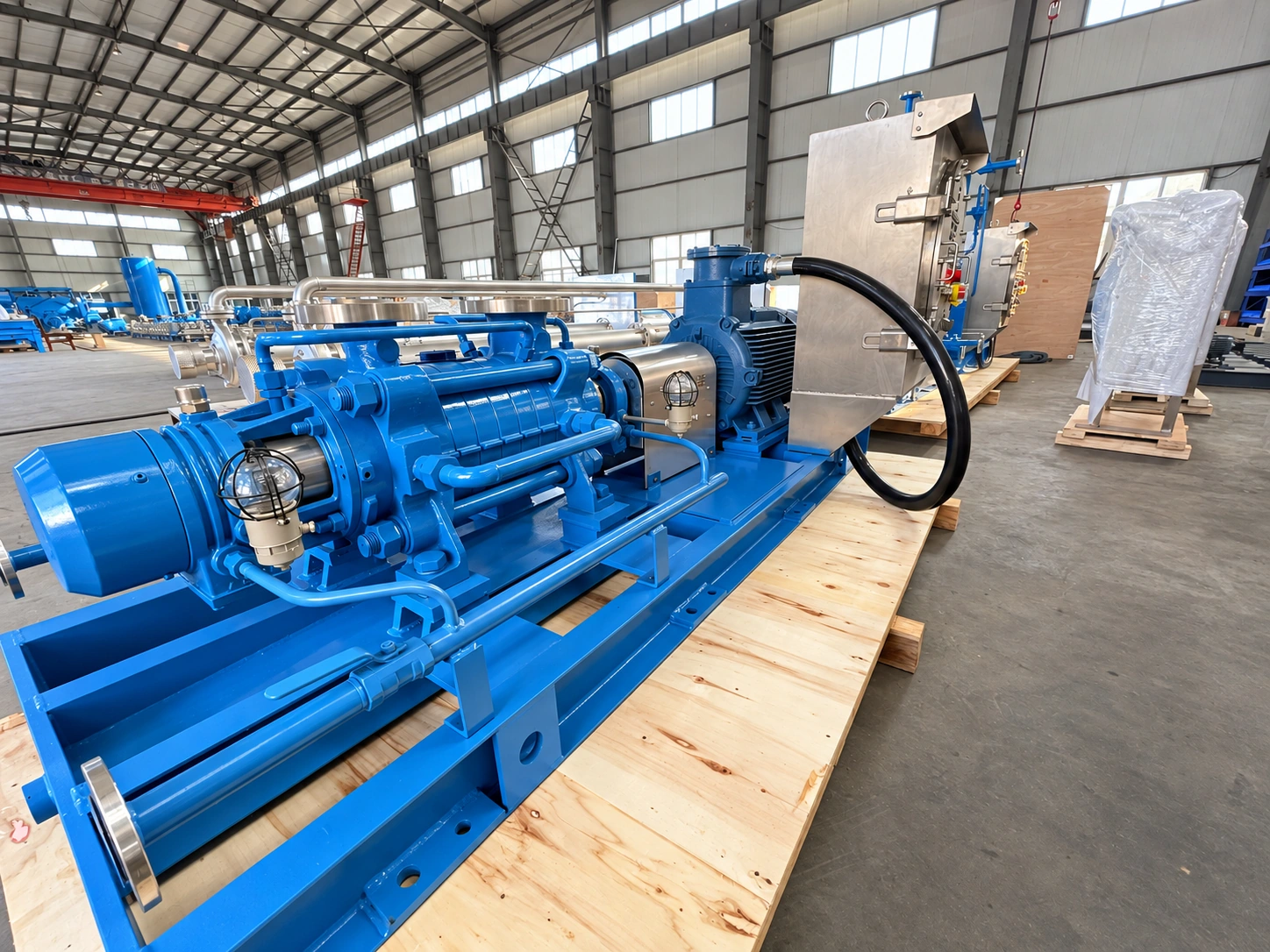 Side view of a blue multistage pump and motor package.