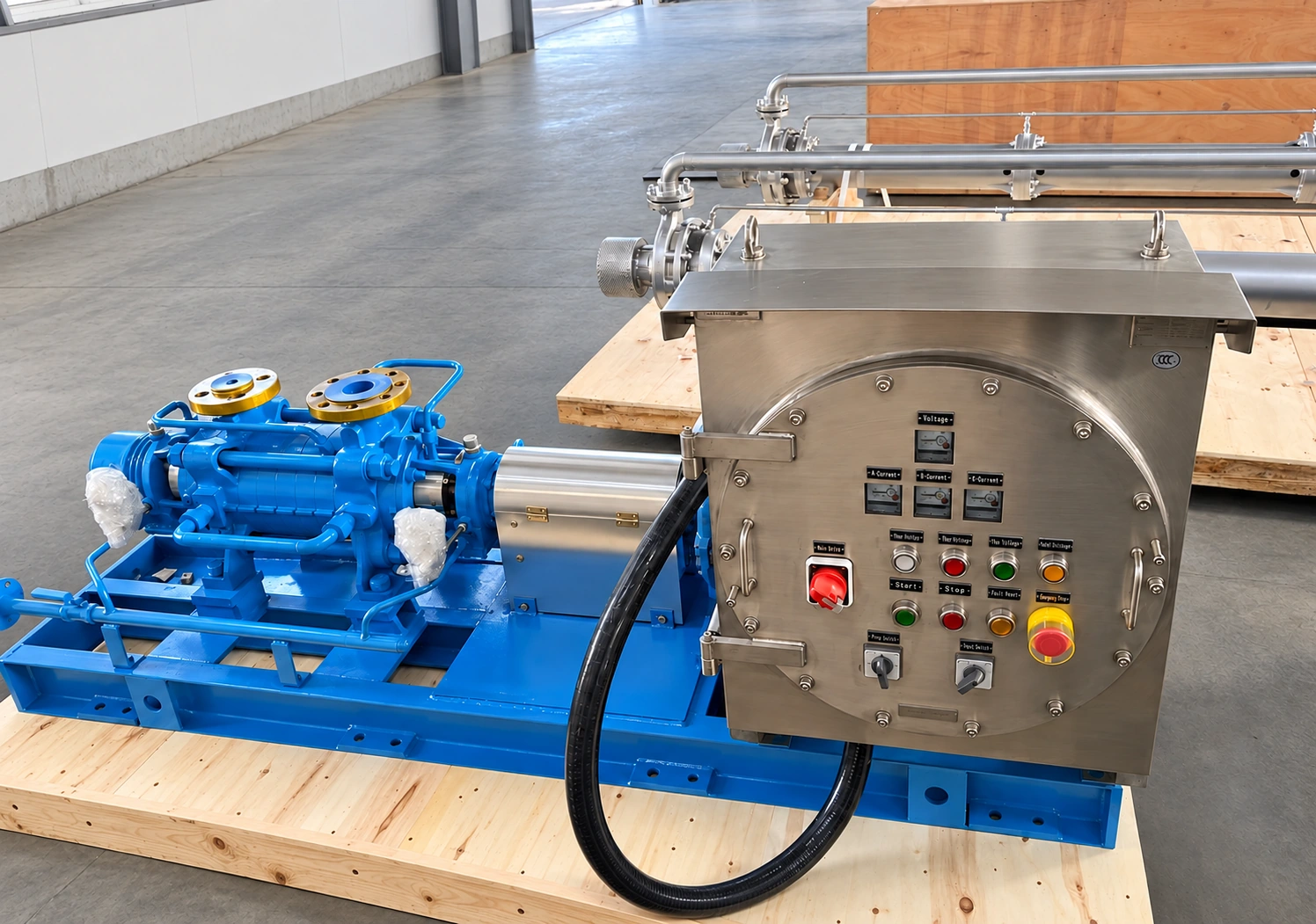Blue pump package and control panel on a wooden pallet.