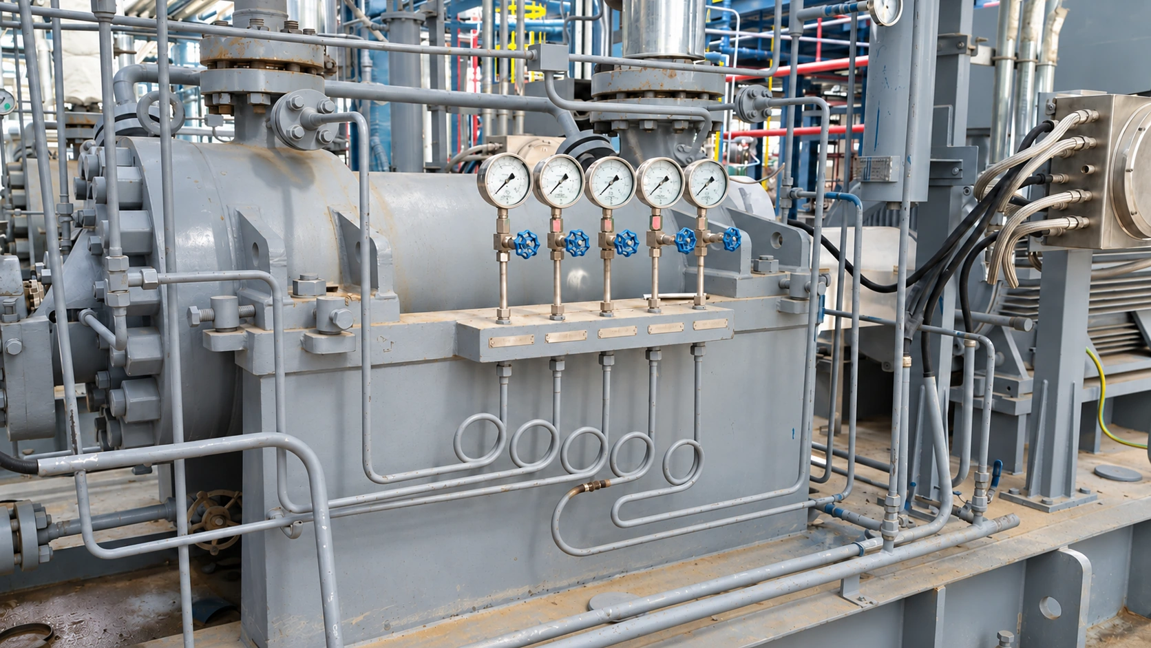 Pump package with five pressure gauges, auxiliary piping and an electric motor.
