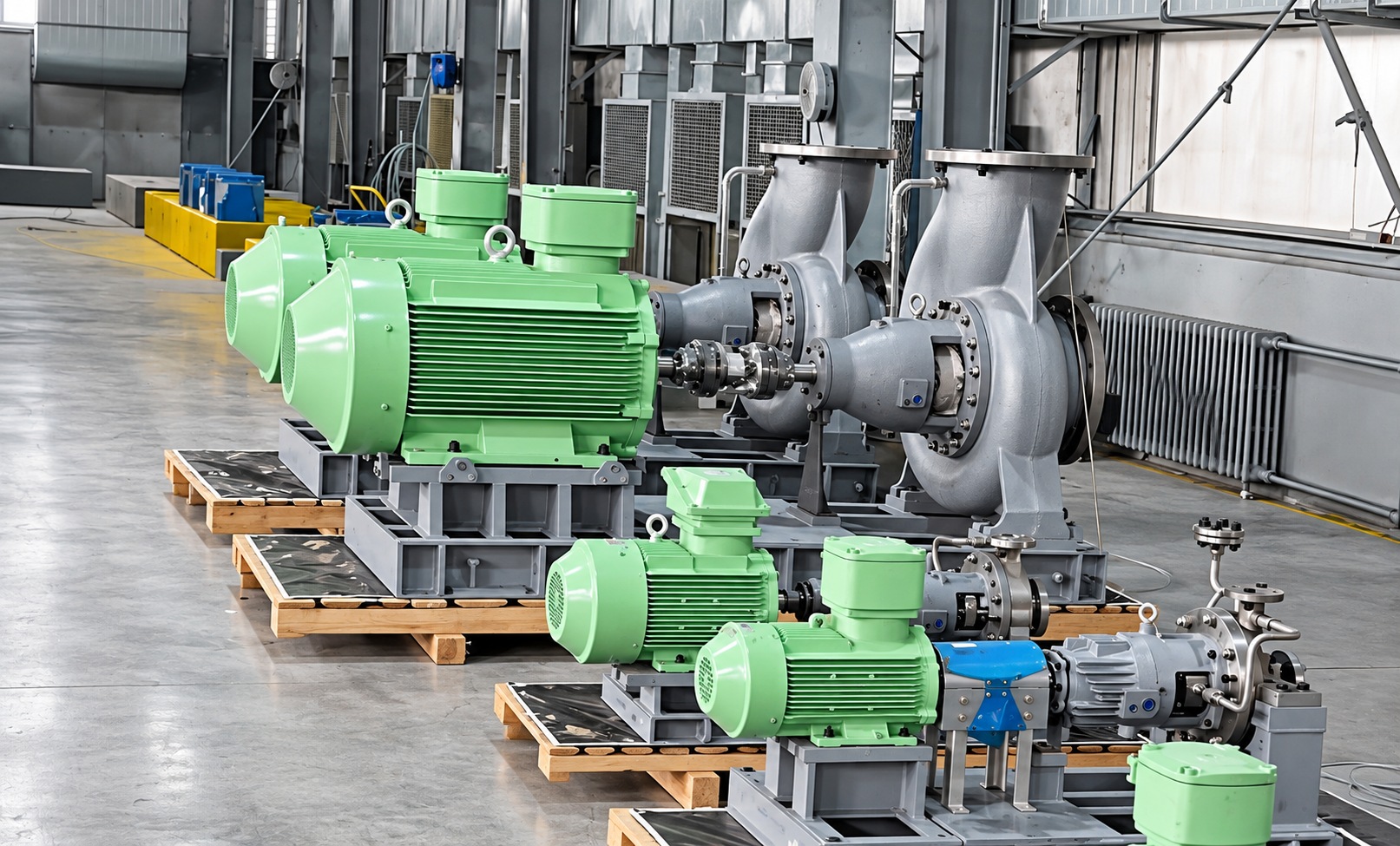 Motor-driven pump assemblies arranged on wooden transport supports.