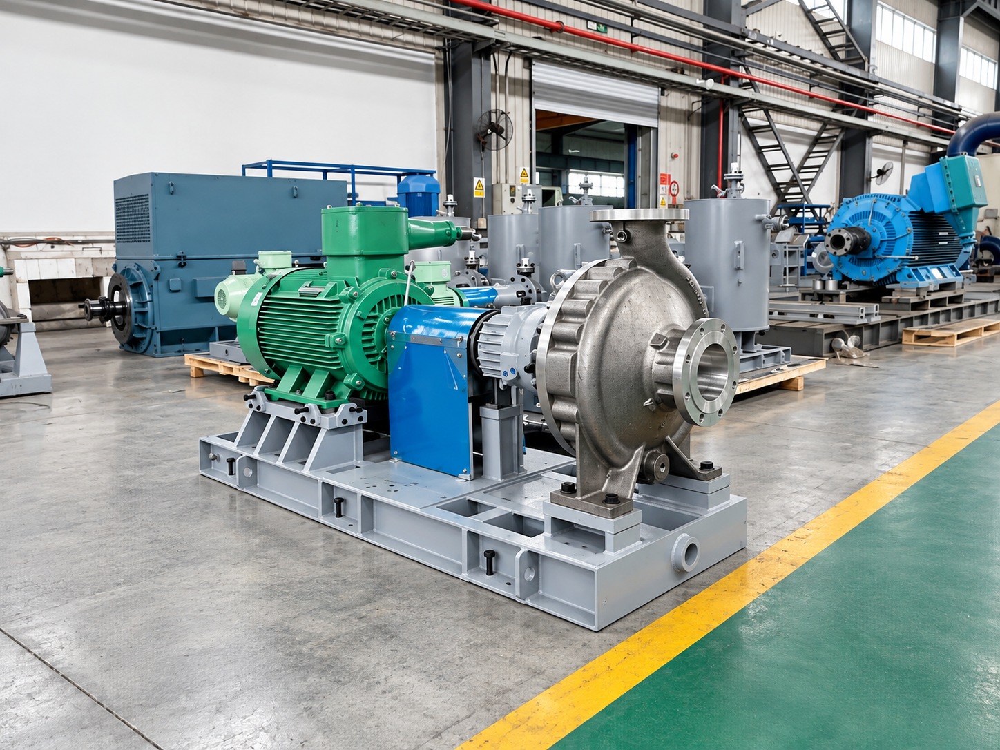 Horizontal pump assembly with a green motor and blue coupling guard.