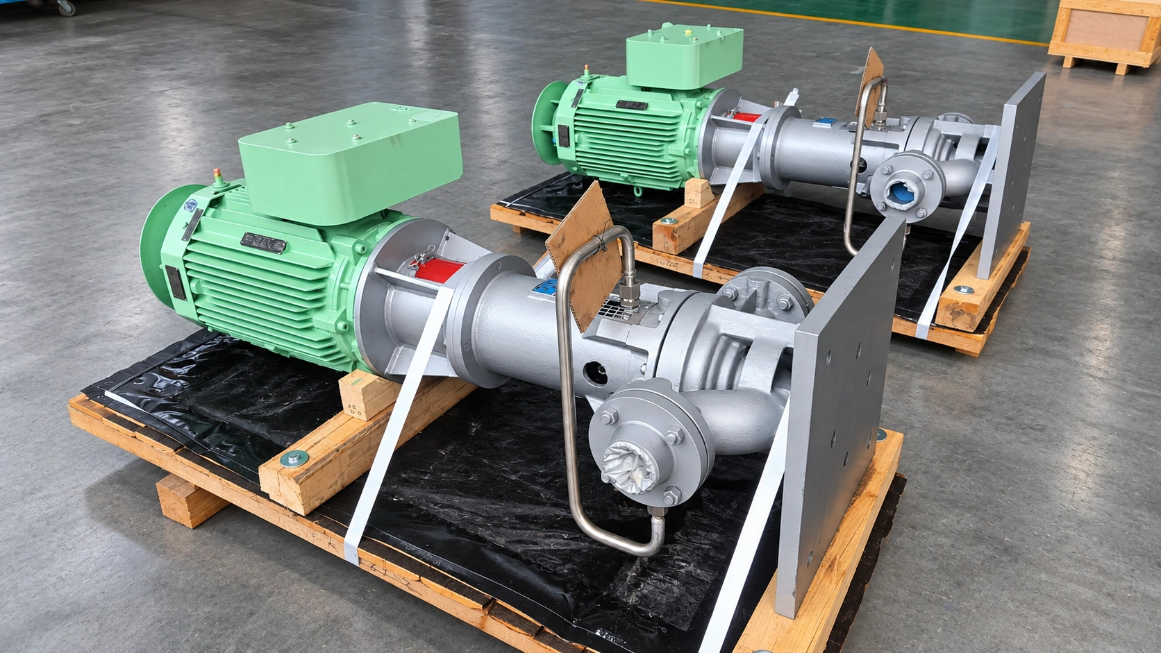 Two pump and green-motor assemblies on transport supports.