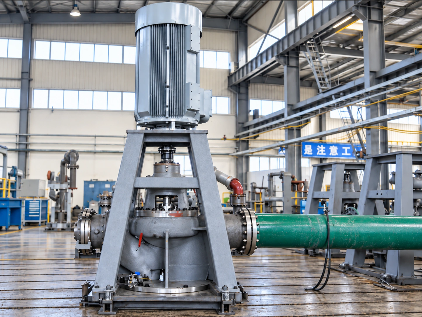 Vertical in-line pump with a top-mounted motor in the workshop.