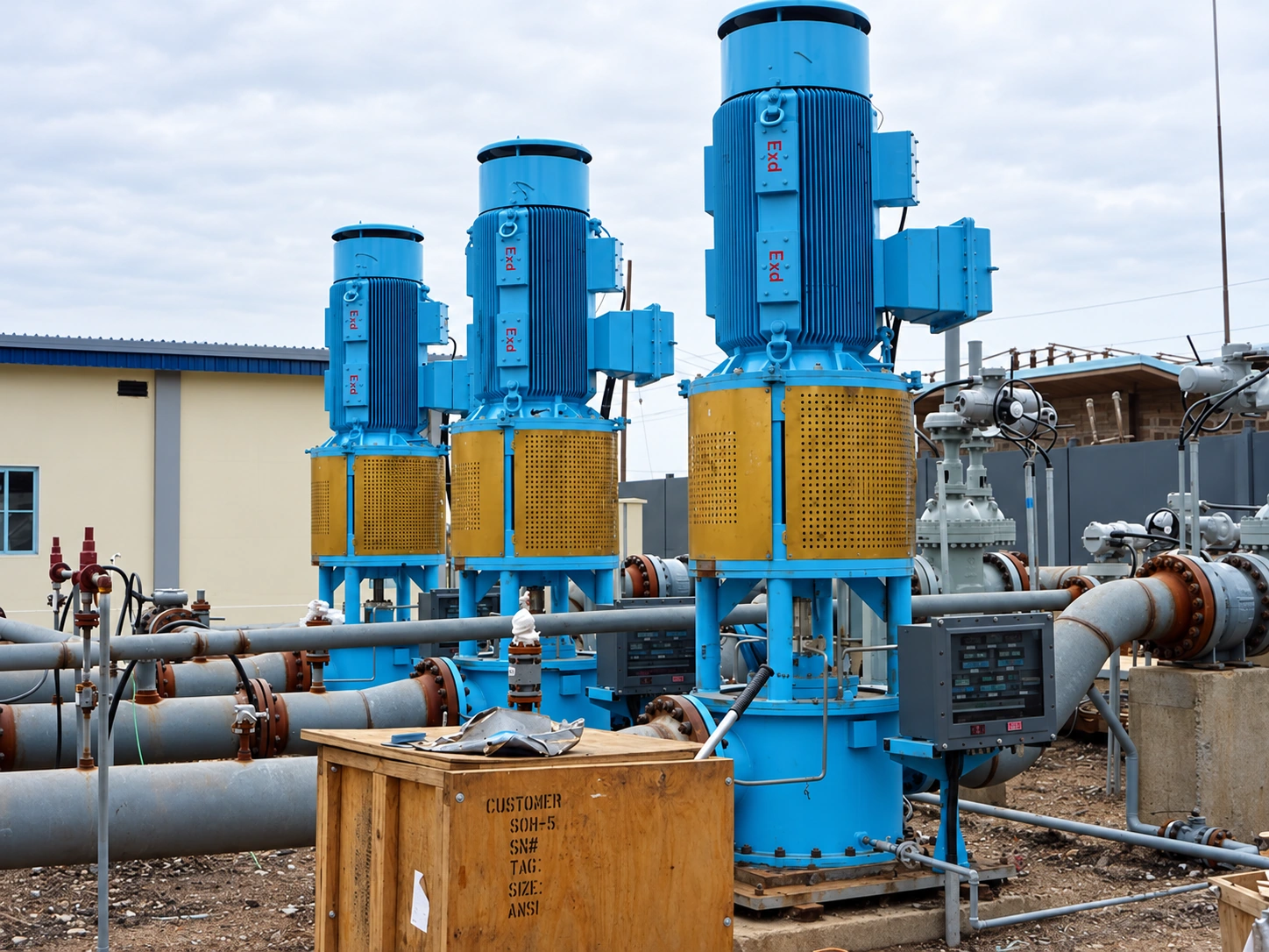 Three blue vertical pump installations with yellow coupling guards.