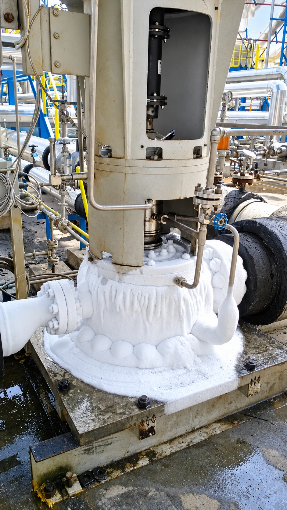 Frost-covered lower section of a vertical pump installation.