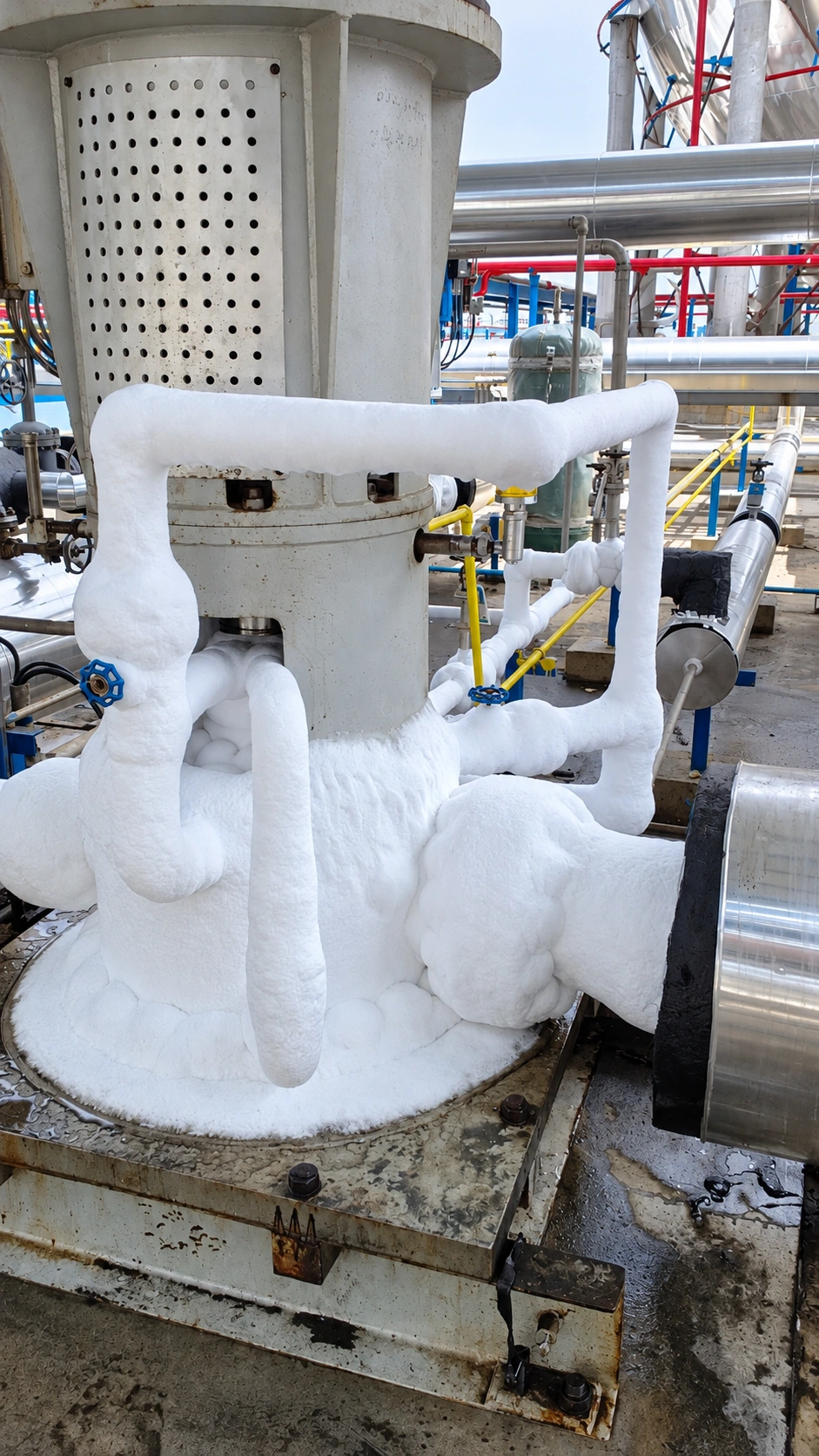 Close view of frost on a vertical pump casing and pipework.