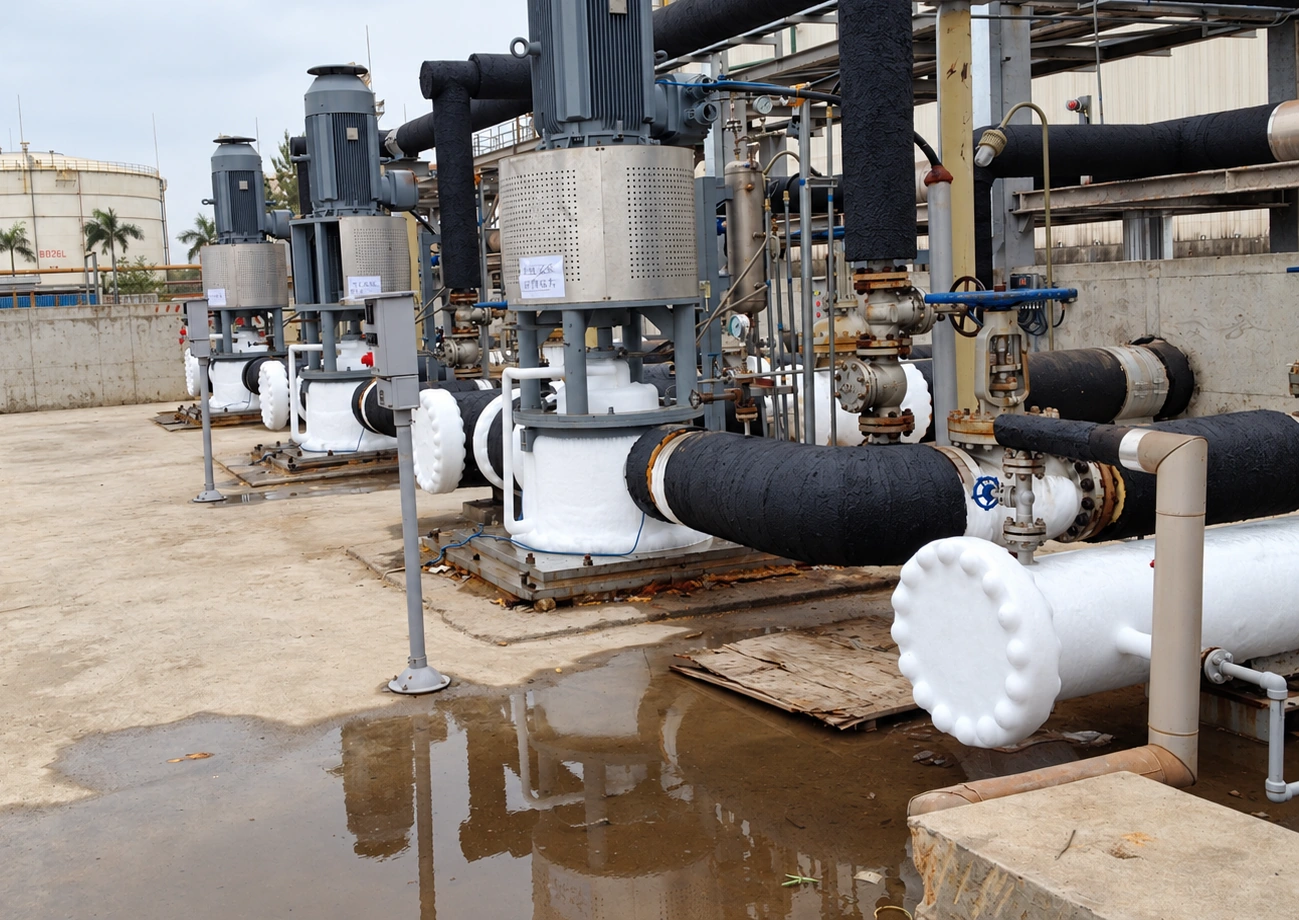 Vertical pump installations and connected pipework outdoors.