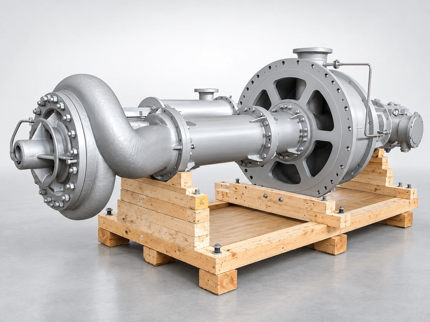 Long pump assembly supported horizontally on a wooden pallet.