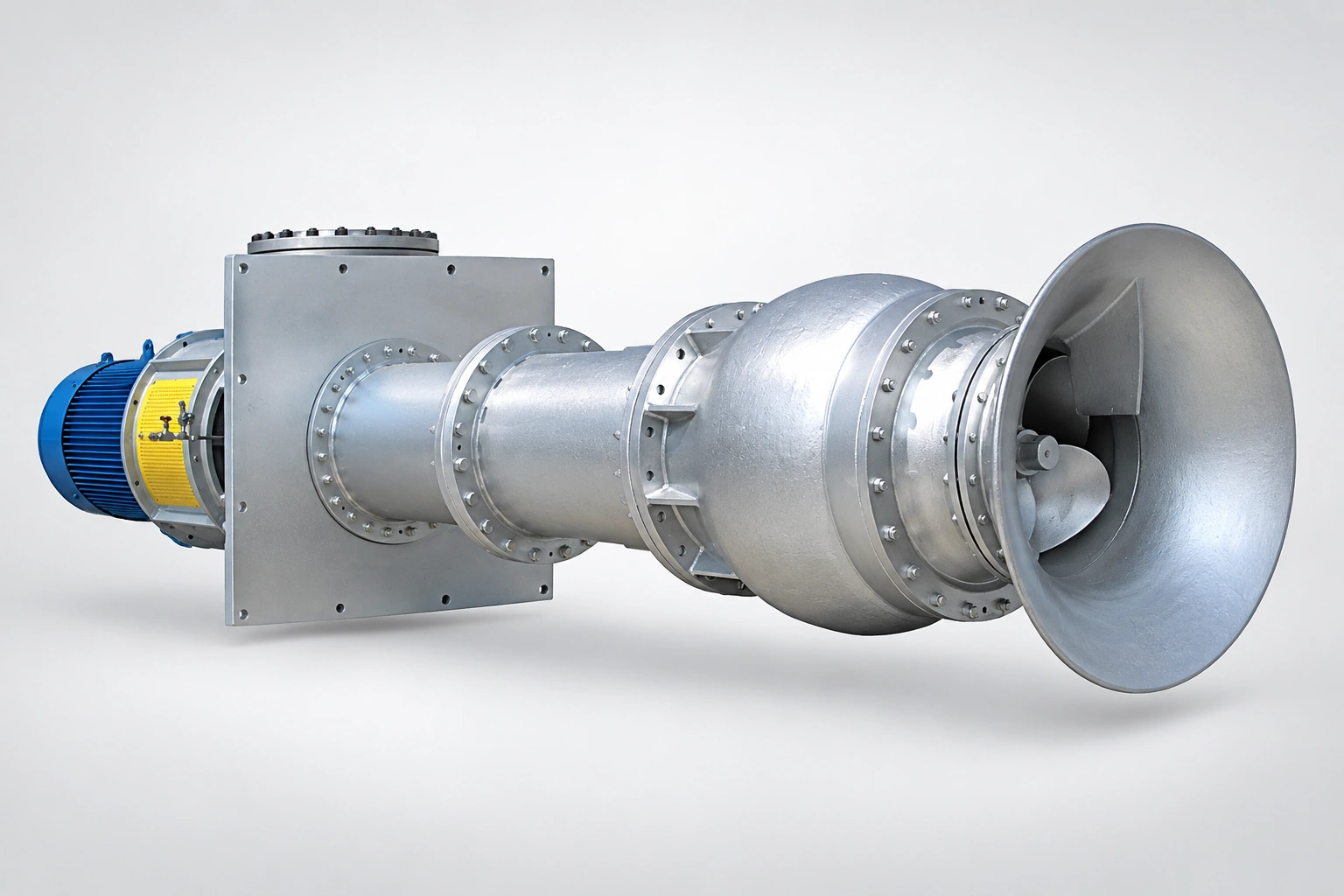 Vertical pump assembly shown horizontally with an intake bell.