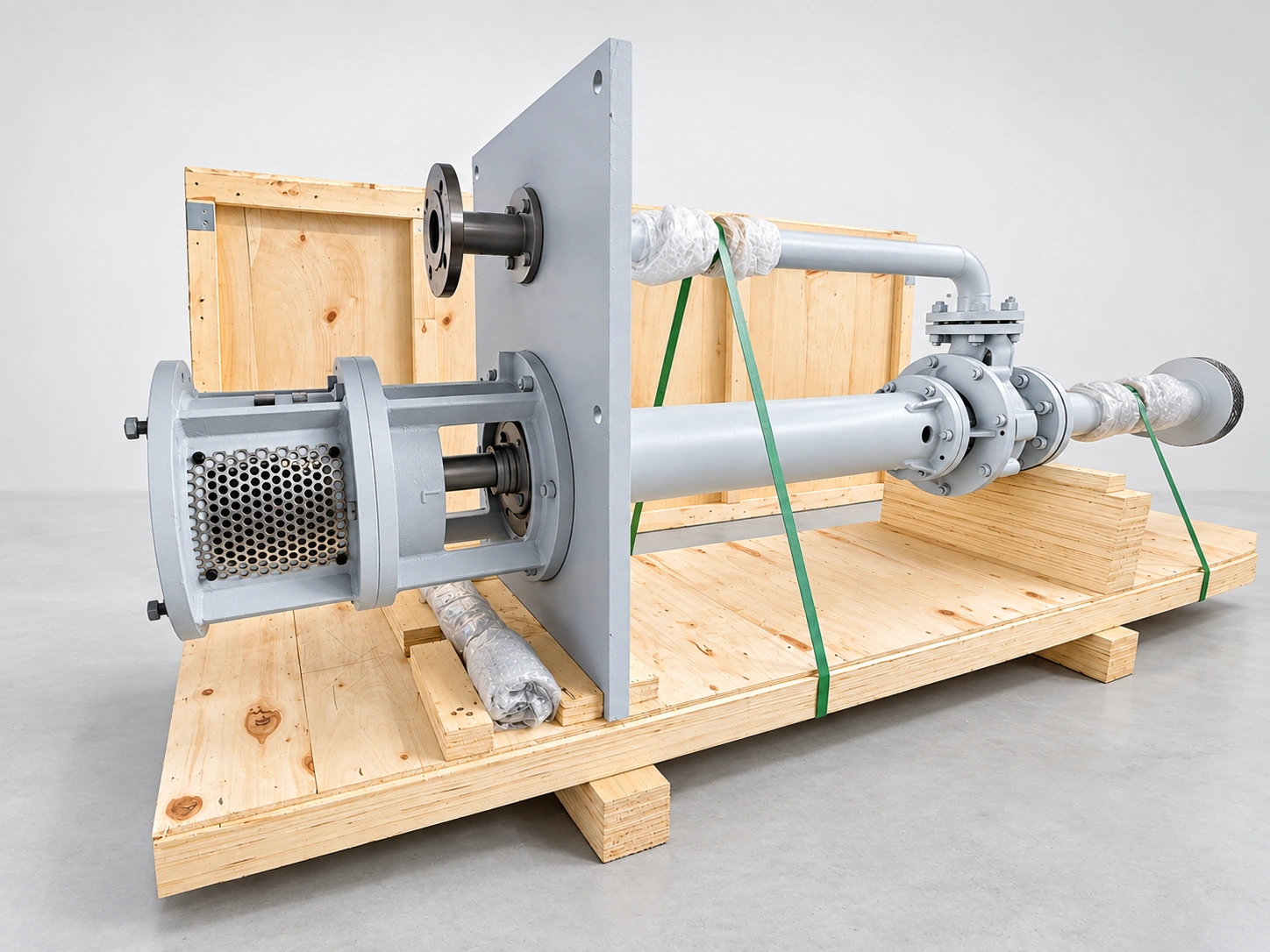 Long-column pump with a separate discharge pipe on wooden transport supports.
