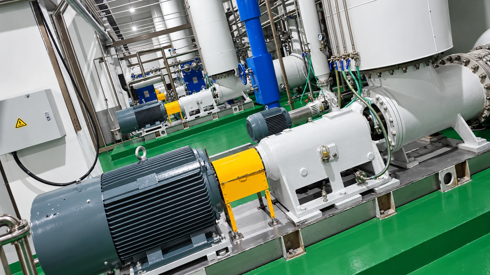 Chemical axial flow pumps installed alongside process piping on a green floor.