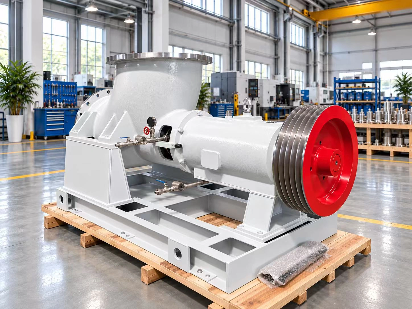 White chemical axial flow pump on a baseplate with a red grooved pulley in the workshop.